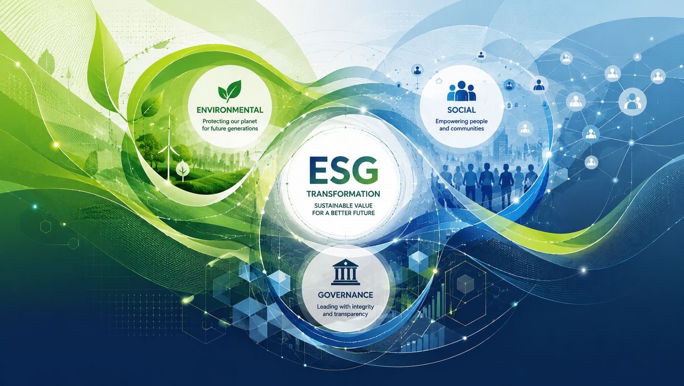 Diagram tiga aspek ESG: environmental, social, dan governance sebagai satu sistem terpadu