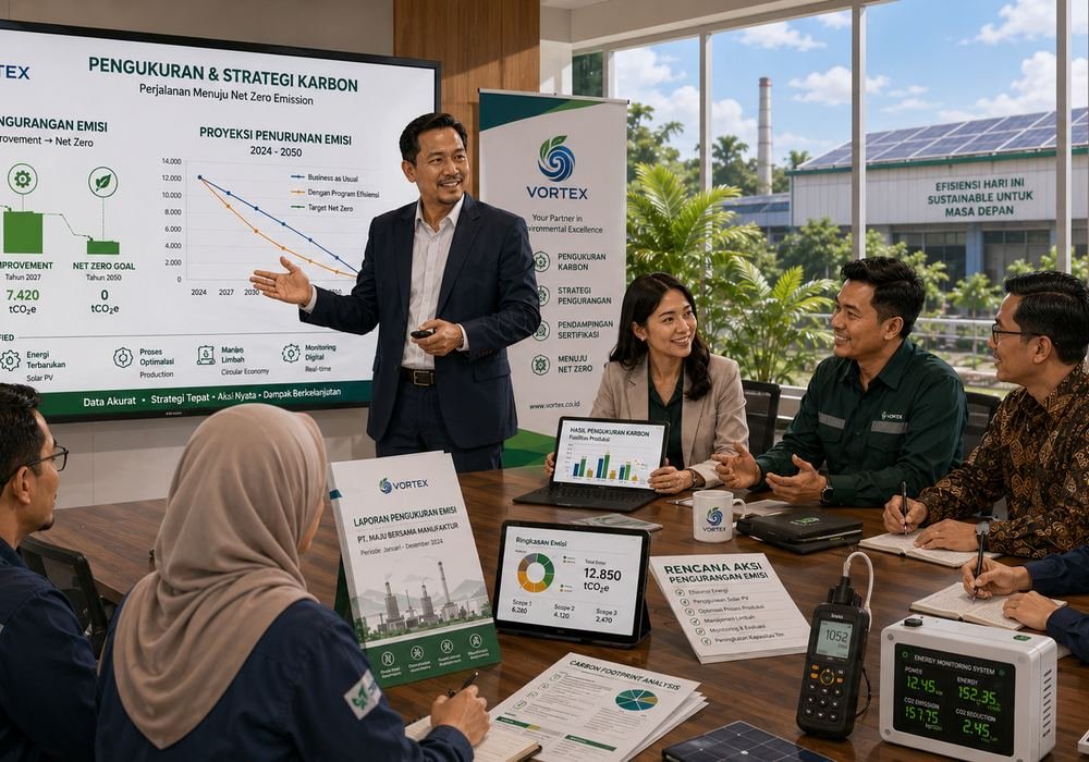 Tim Vortex memaparkan hasil pengukuran emisi dan proyeksi penurunan menuju net zero kepada klien